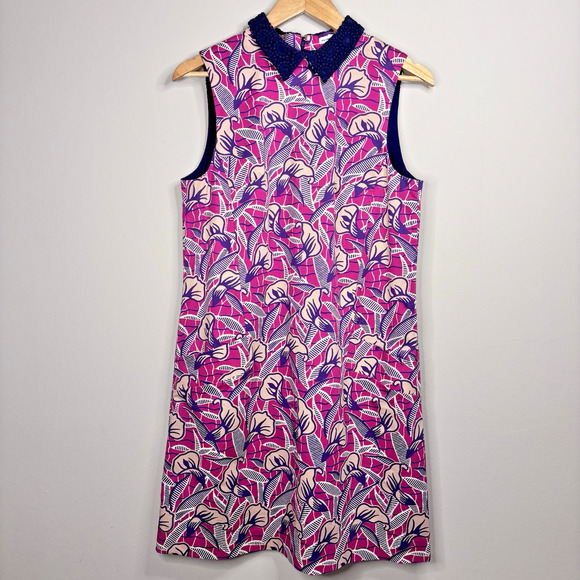 Club Monaco Shift Dress Sz 10 Purple Floral Sleeveless Pockets Crochet Collar - Picture 2 of 10